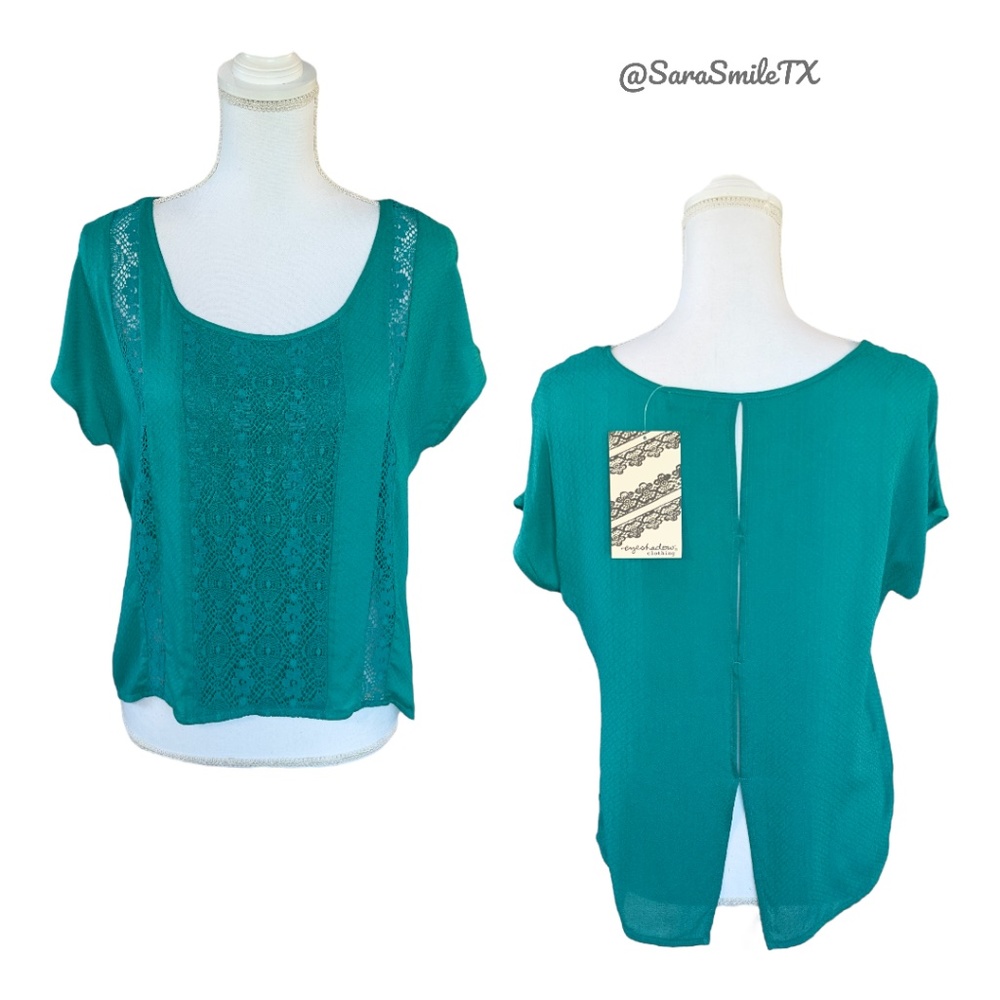 EYESHADOW - Aztec Crochet - Teal Lace Panel Cutout Back Short Sleeve Top - NWT